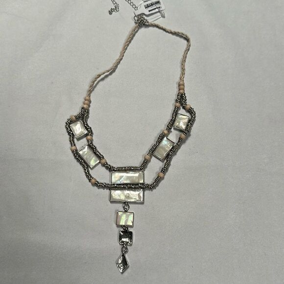 Free People Lately Women's Bib Dangle Necklace Abalone Silver Rope Beaded - Picture 2 of 7